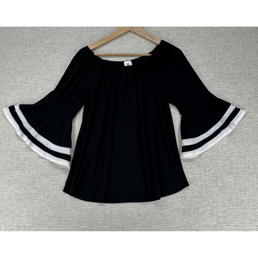 Wrapper Blouse Womens Large Black Off Shoulder Bell Sleeve Stripe Top 3/4 Sleeve